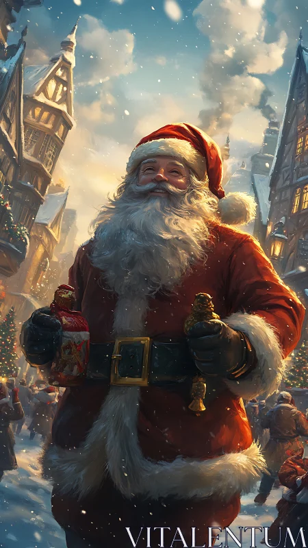 Santa in snowy village square holding gifts at dusk.