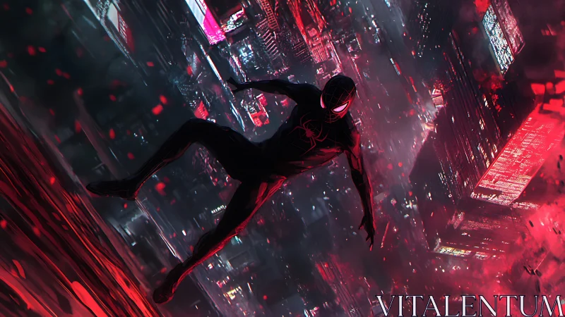 Masked hero descends through neon red futuristic city canyon