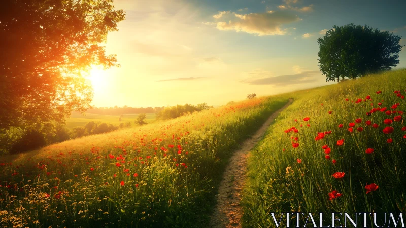 Sunlit country path curves through poppy meadow at golden hour