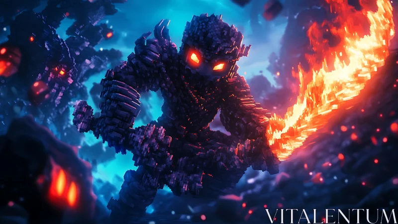 Voxel fire warrior charges through a glowing digital battlefield.
