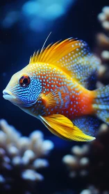 Polka-dotted reef monarch glides like a jeweled comet