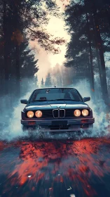 Classic sedan driving through wet forest road at dusk.