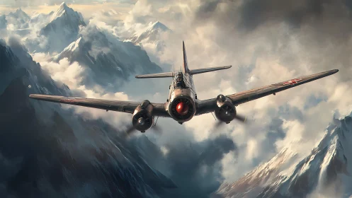 Twin engine military aircraft over snow covered mountains.