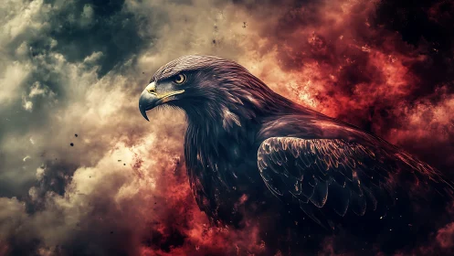 Majestic eagle in dramatic clouds digital art with fiery tones.