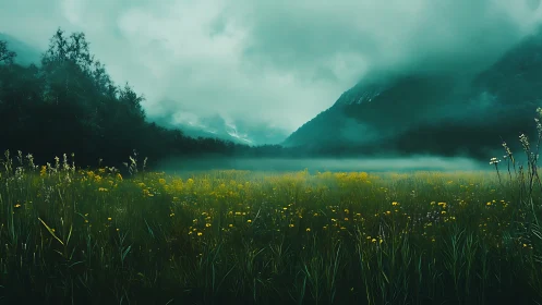 Mist-covered mountain valley with dense wildflower meadow.