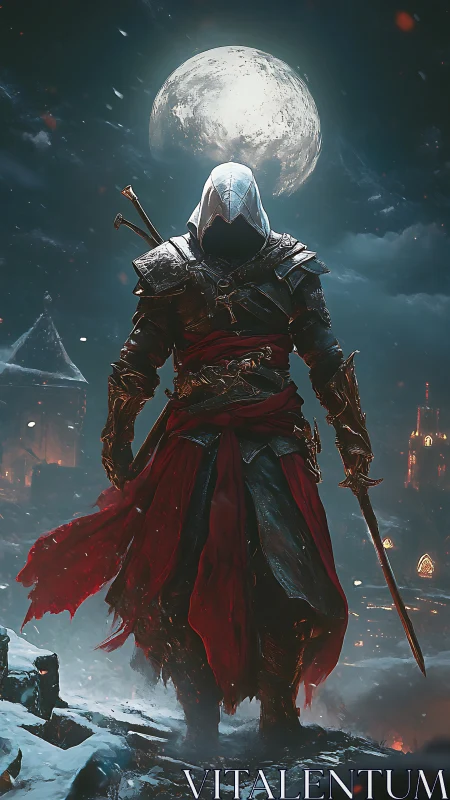 Lunar-backlit hooded swordsman in red tactical drapery stance.