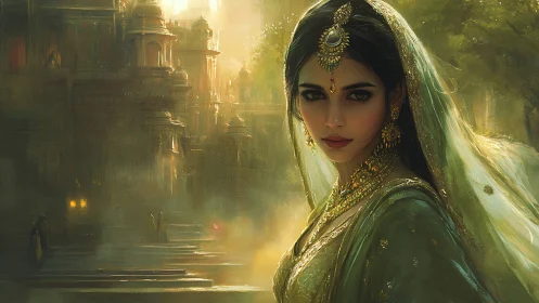 Regal woman in jeweled sari beside misty palace steps.
