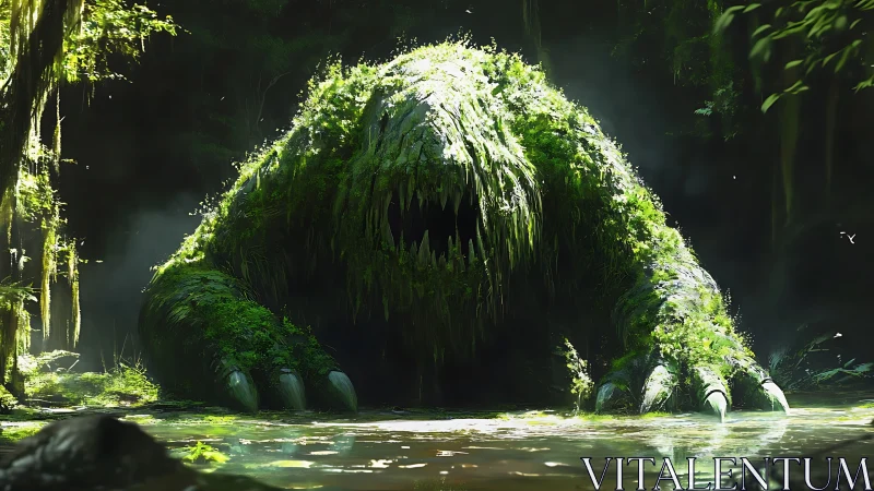 Moss-covered swamp beast emerges from shadowed forest pond