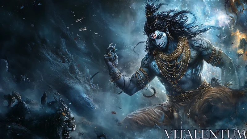 Mythic blue warrior god amid stormy cosmic battlefield.