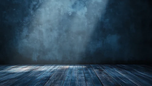 Directional overhead light illuminates worn wooden floor surface