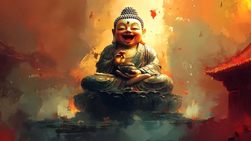 Laughing Buddha statue glows over fiery temple mist