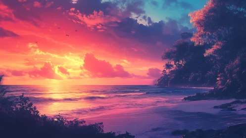 Neon-tinted tropical sunset over tranquil cinematic shore.