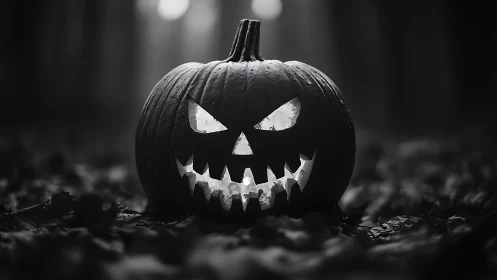 Sinister jack-o’-lantern glows in a misty forest night.