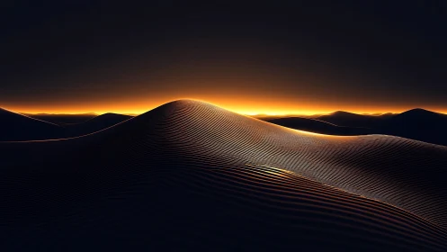 Abstract desert dunes with linear textures at sunset.