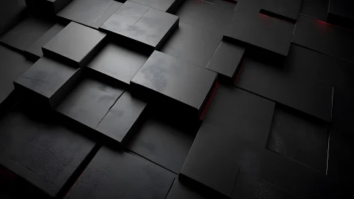 Layered black geometric panels with subtle red illumination.