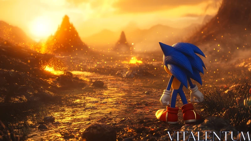 Blue anthropomorphic hedgehog on molten landscape at sunset.