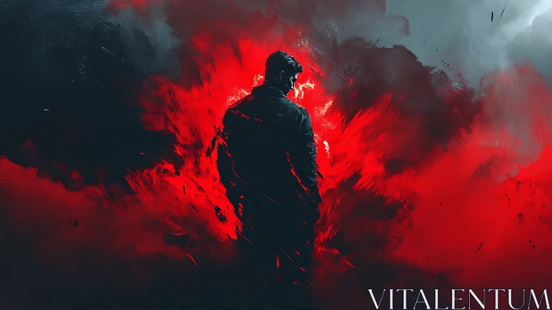Solitary male silhouette stands amid diffuse red explosion