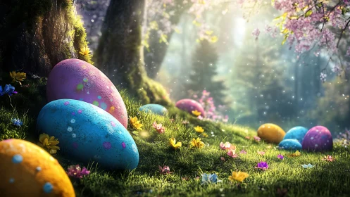 Colorful Easter eggs rest on a sunlit forest clearing