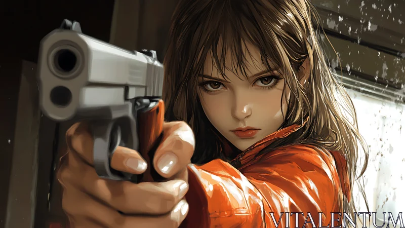 Anime heroine aims pistol in tense closeup portrait.