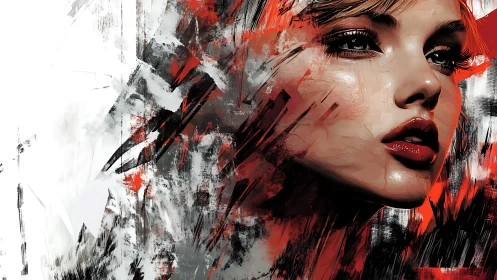 Digital portrait ignites a woman’s gaze amid abstract chaos
