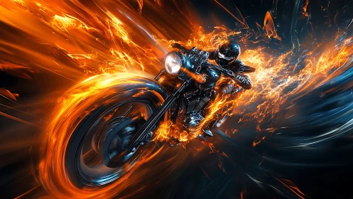Motorcycle and rider move through stylized flames in motion