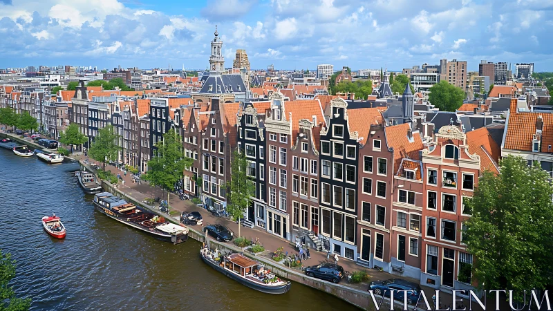Sunlit canal houses and boats in a cheerful city panorama.