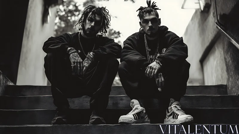 Two streetwear men sitting on concrete steps in grayscale