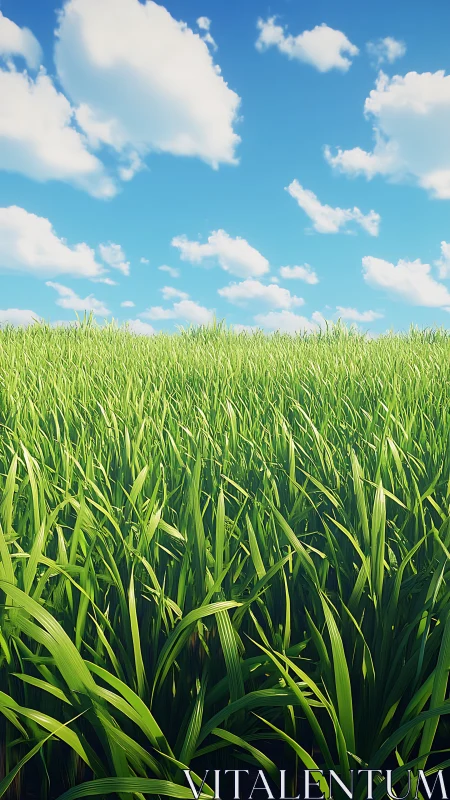 Sunlit green field stretches under a calm, cloud-soft sky
