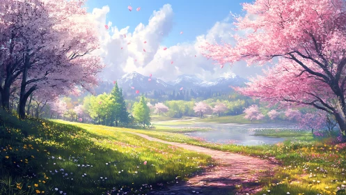 Spring valley landscape renders layered depth with blooming cherry trees