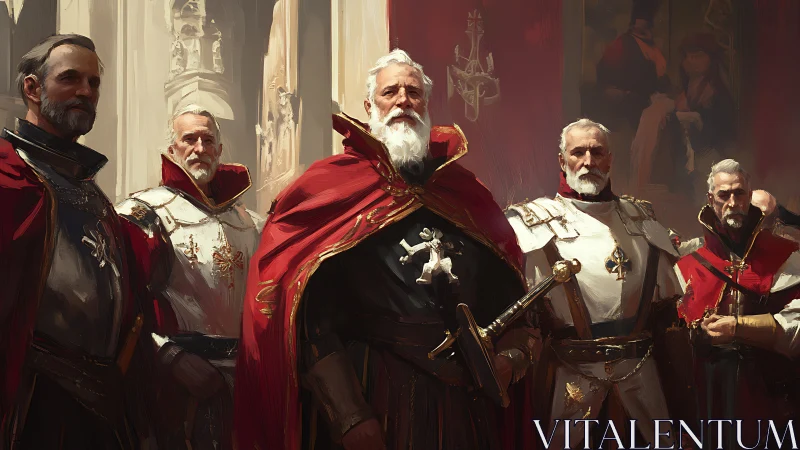 Group of armored elders in ornate red and white cloaks.