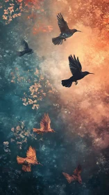 Bird silhouettes cross glowing teal and amber sky gradient