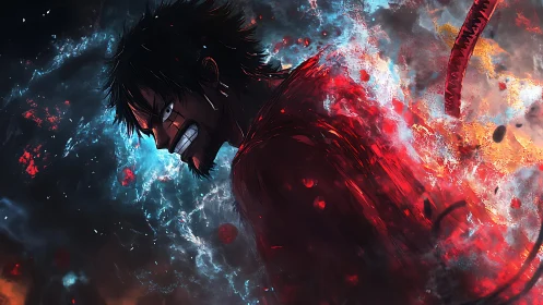 Explosive anime warrior rendered with dynamic red-blue energy contrast