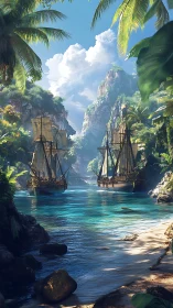 Galleons Drift Through Emerald Gorge Under Crystalline Skies.