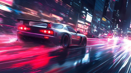Neon street racer drifts through wet cyberpunk city night.