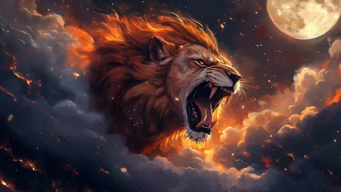 Roaring celestial lion blazes through storm-lit night sky
