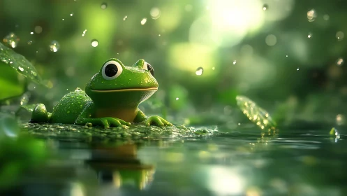 Cartoon green frog resting on wet leaf in forest pond