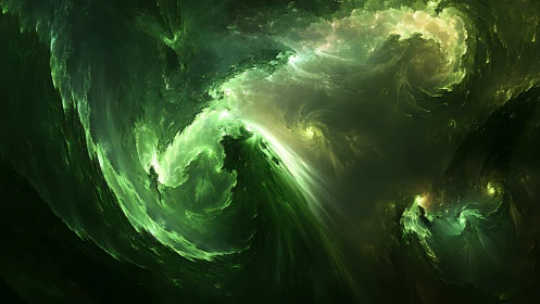 Green fractal vortexes curve through luminous dark space