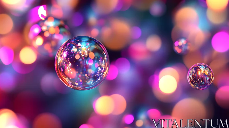 Iridescent soap bubbles drift across neon bokeh field