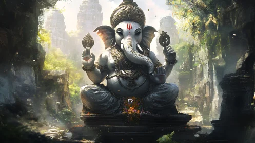 Elephant sage of stone temples amid sunlit jungle hush.