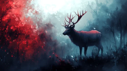 Stag standing in misty forest with red and blue light.