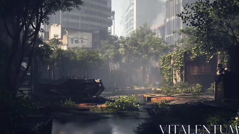 Overgrown city street quietly reclaimed by soft morning light