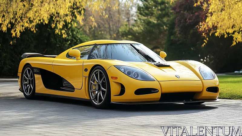 Photorealistic yellow hypercar in landscaped driveway setting.