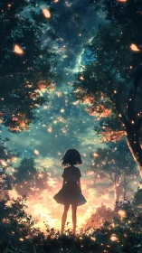 Silhouetted girl under luminous starfield sky in forest glade