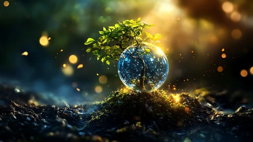 Magical Tree Growing in Glass Sphere, Fantasy Nature Artwork.