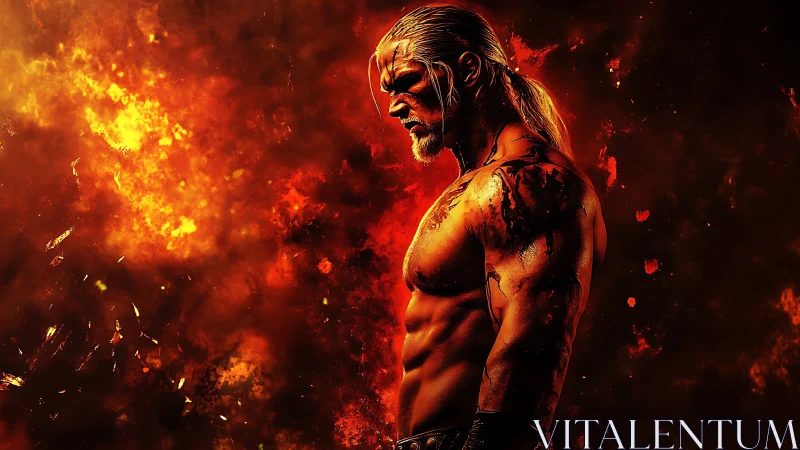 Warrior profile in molten inferno with cinematic rim light.