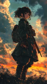 Sunset sentinel girl standing strong beneath stormy skies.