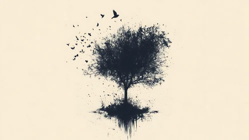 Silent ink-splashed tree with birds drifting into sky.