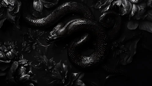 Black serpent coils through dark petals in high contrast