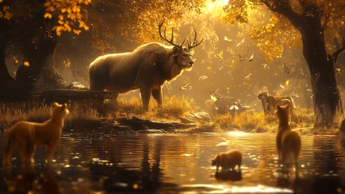 Golden forest gathering with gentle deer, big cats and light.
