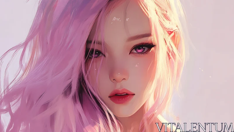 Pink haired anime girl portrait with intense violet eyes.